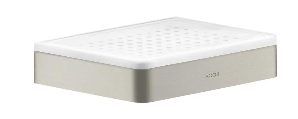 Seifenschale oder Ablage in Edelstahl-Optik mit perforierter, transparenter Abdeckung. Das Produkt ist von der Marke AXOR.